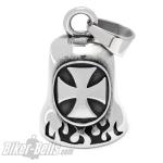 Stainless Steel Biker-Bell with Large Iron Cross and Flames Motorcycle Bell Gift